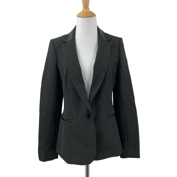 Banana Republic Blazer Womens 4 Gray Faux Leather Trim Pad Shoulders One Button - Picture 1 of 15